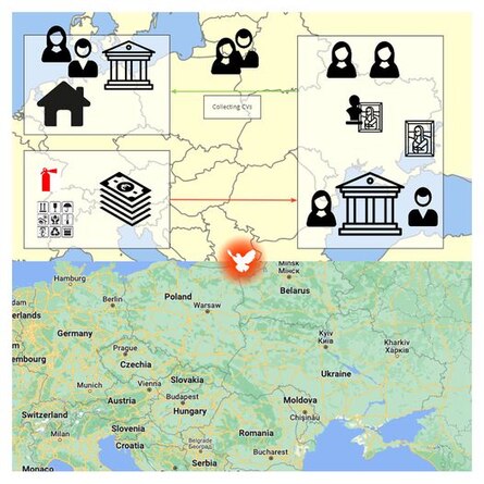 Blick auf die Internetplattform mit einer Karte von Europa sowie Kultureinrichtungen, Kulturschaffenden und Geflüchteten, die untereinander vernetzt sind