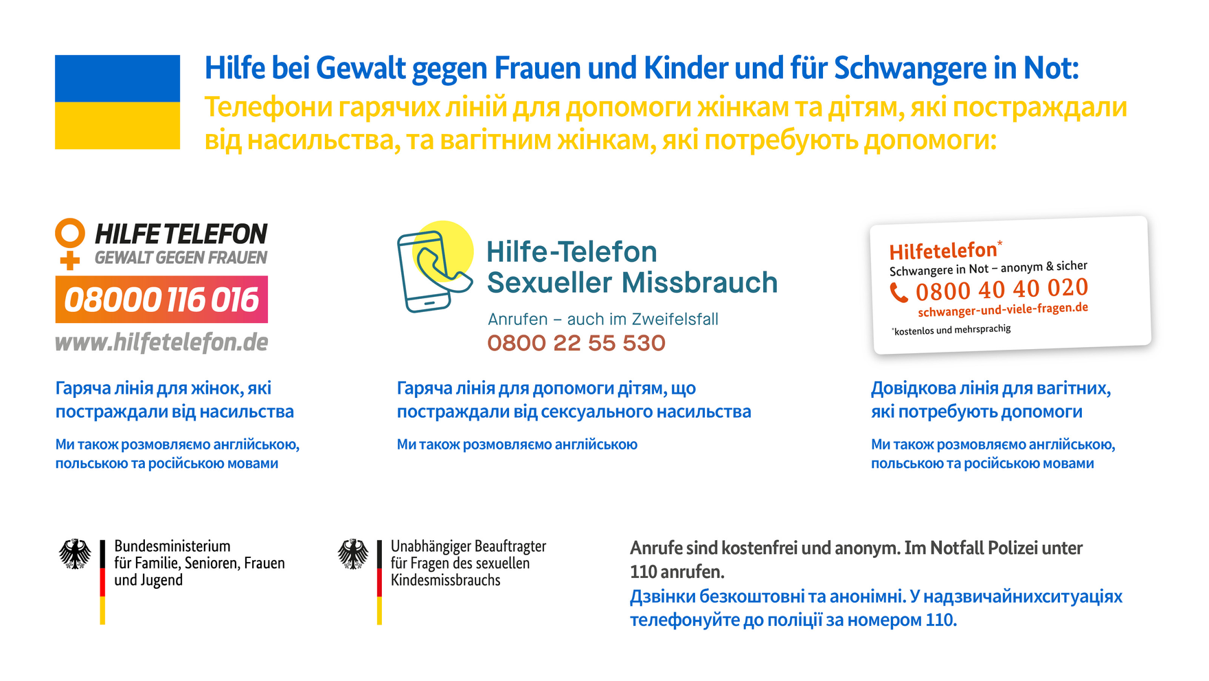 Grafik zur Hilfe bei Gewalt gegen Frauen und Kindern und für Schwangere in Not (Telefonnummern)